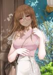  1girl abe_hikaru absurdres arm_under_breasts bag bangs between_breasts blush branch breasts bush carrying_bag closed_mouth cowboy_shot dappled_sunlight door earrings eyebrows_visible_through_hair fingernails floral_print glasses handbag highres jewelry lamp leaf light_brown_hair long_hair looking_at_viewer medium_breasts original outdoors over_shoulder pink_shirt red_eyes see-through see-through_sleeves shirt short_sleeves skirt smile solo straight_hair sunlight wall white_skirt wooden_door 