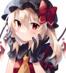  1girl :/ alternate_color ascot bangs black_gloves black_headwear black_shirt black_vest blonde_hair bow chicachang commentary crystal flandre_scarlet frilled_shirt_collar frills gloves hair_between_eyes hands_up hat hat_bow holding holding_hair looking_at_viewer mob_cap one_side_up puffy_short_sleeves puffy_sleeves red_bow red_eyes shirt short_hair short_sleeves sleeve_bow solo touhou upper_body vest white_background wings yellow_ascot 