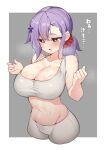  1girl bare_arms blush breasts cleavage cropped_legs grey_background hair_between_eyes hair_ornament hair_scrunchie highres large_breasts long_hair lower_teeth navel open_mouth original purple_hair red_eyes scrunchie solo sports_bra sweat teeth two-tone_background warashi white_background white_sports_bra 