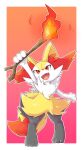  1girl animal_ear_fluff animal_ears animal_feet animal_hands animal_nose arm_up black_fur blush body_fur border braixen commentary_request fang fire flat_chest fox_ears fox_girl fox_tail fur_collar furry furry_female gradient gradient_background happy highres holding holding_stick light_blush looking_up multicolored_fur open_mouth outline outside_border outstretched_arm pokemon pokemon_(creature) pyrokinesis red_eyes riipappa simple_background smile snout solo stick tail white_border white_fur white_outline yellow_fur 