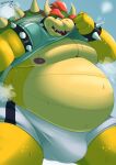  2022 2yakitori2 anthro belly big_belly bodily_fluids bottomwear bowser bulge clothed clothing clothing_lift hi_res humanoid_hands kemono koopa male mario_bros mario_strikers_battle_league moobs musk nintendo nipples obese obese_male overweight overweight_male scalie shirt shirt_lift shorts solo sweat topwear video_games 