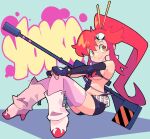  1girl anti-materiel_rifle bacun belt bikini bikini_top_only boots breasts character_name cleavage closed_mouth english_commentary full_body gloves gun hair_ornament highres long_hair ponytail red_hair rifle scarf shorts sitting smile sniper_rifle solo swimsuit tengen_toppa_gurren_lagann thighhighs weapon yellow_eyes yoko_littner 