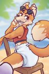  ambiguous_gender anthro beach blush canid canine chair cloud diaper ear_piercing eyewear fox furniture hand_on_face hi_res looking_back mammal piercing plant sand sea seaside sitting sky smile solo spacefluuff sunglasses teeth tree water 