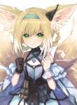  1girl absurdres animal_ear_fluff animal_ears arknights artist_name bare_shoulders black_bag black_choker black_gloves black_vest blonde_hair blue_hair braid choker clothing_cutout colored_tips commentary dress earpiece fox_ears fox_girl fox_tail gloves green_eyes hands_up highres infection_monitor_(arknights) mask multicolored_hair multiple_tails nanatsuka pouch shoulder_cutout simple_background single_glove single_wrist_cuff solo suzuran_(arknights) tactical_clothes tail upper_body vest white_background white_dress white_hair white_wrist_cuffs wrist_cuffs 