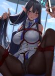  absurdres bdsm black_hair blue_archive blue_eyes bondage bound breasts grabbing_another&#039;s_hair halo harris_hero highres large_breasts long_hair necktie pantyhose pointy_ears restrained rin_(blue_archive) 