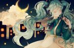  1girl artist_name bangs behind-the-head_headphones blue_hair blush closed_eyes cloud collared_shirt crescent_moon expressionless eyebrows_visible_through_hair hair_ornament hatsune_miku headphones headset holding holding_planet hoshi-pan long_hair long_sleeves moon neck_ribbon night night_sky planet ribbon saturn_(planet) shirt shirt_tucked_in skirt sky skyline solo suspender_skirt suspenders twintails very_long_hair vocaloid 