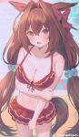  1girl animal_ears bangs bare_shoulders bikini blush breasts brown_hair cleavage collarbone daiwa_scarlet_(umamusume) hair_intakes highres horse_ears horse_girl horse_tail large_breasts long_hair looking_at_viewer open_mouth red_bikini red_eyes solo suzuho_hotaru swimsuit tail thighs twintails umamusume very_long_hair 