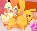  alacarte ambiguous_gender anus butt censored duo female feral genitals hand_on_butt legendary_pok&eacute;mon looking_at_viewer looking_back nintendo nude pikachu pok&eacute;mon pok&eacute;mon_(species) presenting presenting_hindquarters pussy victini video_games white_body yellow_body 