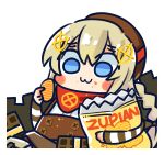  1girl :3 beret blonde_hair blue_eyes blush_stickers chibi chips crumbs fnc_(girls&#039;_frontline) food girls&#039;_frontline hair_between_eyes hat highres long_hair official_art solo su_xiao_jei very_long_hair 