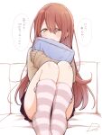  1girl black_skirt blush brown_hair brown_sweater commentary_request couch eyebrows_visible_through_hair flip_(diiolive) hair_between_eyes idolmaster idolmaster_shiny_colors kneehighs knees_to_chest knees_up long_hair looking_at_viewer object_hug open_mouth osaki_tenka pillow pillow_hug sitting skirt solo straight_hair striped striped_legwear sweater translated yellow_eyes 