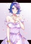  1girl alternate_costume blue_eyes blue_hair blush bracelet breasts cleavage dress elisabeth_blanctorche jewelry petals short_hair the_king_of_fighters to_ji_rk2 