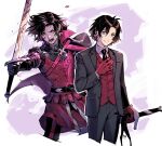  1boy :o ahoge armor bangs black_cape black_hair black_jacket black_necktie black_pants blood blood_on_arm blood_on_clothes blood_on_face blood_on_hands blood_on_weapon cape closed_mouth collared_shirt commentary_request constantine_xi_(fate) earrings fate/grand_order fate_(series) feet_out_of_frame gloves hair_between_eyes hand_on_own_chest holding holding_sword holding_weapon jacket jewelry long_sleeves looking_at_viewer male_focus medium_hair multiple_views na222222 necktie open_mouth pants red_cape red_gloves red_vest shirt smile solo sword vest weapon white_shirt yellow_eyes 