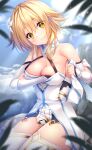  1girl armguards bangs blonde_hair blue_sky blurry blush breast_hold breasts chikuwabuta cleavage cloud commentary_request depth_of_field detached_sleeves dress eyebrows_visible_through_hair feather_hair_ornament feathers flower genshin_impact hair_between_eyes hair_flower hair_ornament hand_under_dress highres large_breasts leaf light_brown_eyes light_brown_hair long_sleeves looking_at_viewer lumine_(genshin_impact) no_bra outdoors scarf short_hair short_hair_with_long_locks sidelocks sitting sky solo thighhighs thighs wet wet_hair white_legwear white_scarf yellow_eyes zettai_ryouiki 