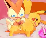  alacarte ambiguous_gender anus butt censored duo female feral genitals legendary_pok&eacute;mon looking_at_viewer looking_back nintendo nude pikachu pok&eacute;mon pok&eacute;mon_(species) presenting presenting_hindquarters pussy spread_anus spreading stretched_anus victini video_games white_body yellow_body 