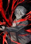  1boy closed_mouth earrings formal grey_hair grey_jacket highres holding holding_weapon jacket jewelry limbus_company m_i_r_r_o_r male_focus project_moon red_hair scar scar_on_face scar_on_hand shirt short_hair solo vergilius_(project_moon) weapon white_shirt 