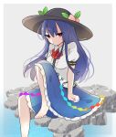  1girl barefoot black_headwear blue_hair blue_skirt buttons center_frills closed_mouth collared_shirt eyebrows_visible_through_hair food frilled_skirt frills fruit hair_between_eyes hat highres hinanawi_tenshi long_hair necono_(nyu6poko) one-hour_drawing_challenge peach puffy_short_sleeves puffy_sleeves rainbow_order red_eyes shirt short_sleeves skirt solo touhou white_shirt 