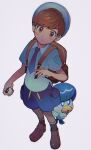  1boy backpack bag bangs black_legwear blue_shorts blush_stickers brown_bag brown_eyes brown_footwear brown_hair closed_mouth collared_shirt commentary full_body hat highres holding holding_poke_ball looking_at_viewer male_focus male_protagonist_(pokemon_sv) necktie poke_ball poke_ball_(basic) pokemon pokemon_(creature) pokemon_(game) pokemon_sv quaxly shirt shoes short_hair short_sleeves shorts socks standing thxzmgn 