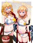  2girls :d ahoge anti-aircraft anti-aircraft_gun azur_lane bangs bare_shoulders birthday_cake black_choker blonde_hair blue_eyes blurry blurry_foreground blush boots breasts cake chicago_(azur_lane) chicago_(azur_lane)_(cosplay) choker cleavage collarbone commentary_request commission cosplay cowboy_shot criss-cross_halter drill_hair eagle_union_(emblem) elbow_gloves empty_eyes eyebrows_visible_through_hair food gloves gochuumon_wa_usagi_desu_ka? groin hair_between_eyes hair_ornament hairclip halterneck hand_up happy_birthday highres hoto_cocoa large_breasts long_hair looking_at_another medium_breasts micro_shorts midriff multiple_girls navel orange_hair parted_lips partial_commentary pubic_tattoo purple_eyes red_footwear red_gloves rigging shirt shorts sidelocks skeb_commission sleeveless sleeveless_shirt smile soba_chatarou_(tita) standing star_(symbol) star_choker star_print tattoo thigh_boots turret twin_drills white_shirt white_shorts 