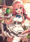  1girl apron blue_bow blue_eyes blurry blush bow bowtie cafe cake depth_of_field dress drink eyebrows_visible_through_hair food frills gloves highres holding long_hair looking_at_viewer maid maid_apron maid_cafe maid_headdress open_mouth original pink_hair short_sleeves sidelocks smile solo thighhighs tray twintails white_gloves white_legwear yuuki_yuu zettai_ryouiki 