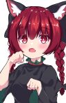  1girl absurdres animal_ear_fluff animal_ears bangs black_dress blush bow braid breasts cat_ears dress eyebrows_visible_through_hair face fang hair_bow highres kaenbyou_rin long_hair long_sleeves looking_at_viewer open_mouth paw_pose red_eyes red_hair skin_fang solo teruru_(teruru_kappa) touhou twin_braids upper_body white_background 