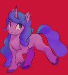  blue_hair blue_tail bracelet equid equine female feral hair hasbro hi_res hooves horn izzy_moonbow_(mlp) jewelry kam mammal mlp_g5 my_little_pony purple_body purple_eyes red_background simple_background smile solo tuft unicorn 