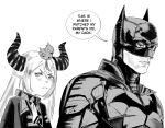  1boy 1girl animal_on_head batman batman_(series) bird bird_on_head collar crossover crow_(la+_darknesss) dc_comics english_text greyscale hair_behind_ear highres hololive horns jacket la+_darknesss looking_at_viewer meme monochrome on_head pointy_ears portrait speech_bubble superhero the_batman_(2022) this_is_where_i_watched_my_parents_die_raphael_(meme) v-shaped_eyebrows virtual_youtuber xyanaid 