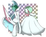  1boy 1girl arm_at_side arm_blade arm_up bangs blue_hair bob_cut border cape colored_skin commentary_request dress elbow_gloves flat_chest full_body gallade gardevoir gloves gradient gradient_background green_hair hair_over_one_eye hand_up highres mega_gallade mega_gardevoir mega_pokemon mohawk monya multicolored_hair one_eye_covered outside_border outstretched_arm pokemon pokemon_(creature) red_eyes short_hair standing strapless strapless_dress two-sided_cape two-sided_fabric two-tone_hair weapon white_border white_cape white_dress white_gloves white_skin 