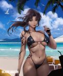  1girl absurdres arm_tattoo beach beach_chair bikini bird black_bikini black_gloves black_hair black_lagoon blue_sky breasts brown_eyes cigarette closed_mouth cloud copyright_name cup drinking_straw floating_hair gloves hand_up highleg highleg_bikini highres large_breasts letsbe lips long_hair navel ocean outdoors palm_tree partially_fingerless_gloves ponytail revy_(black_lagoon) sand seagull sidelocks single_glove sky smoke smoking solo stomach swimsuit tattoo tattoo_on_hips tree water 