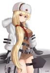 1girl arms_behind_back artist_name bangs belt_bag black_gloves blonde_hair blush breasts brown_sweater closed_mouth coat cosplay english_commentary eyebrows_visible_through_hair feet_out_of_frame fur-trimmed_coat fur-trimmed_sleeves fur_trim gamryous girls&#039;_frontline gloves hat hat_ornament highres long_hair long_sleeves looking_at_viewer medium_breasts mod3_(girls&#039;_frontline) mosin-nagant_(girls&#039;_frontline) mosin-nagant_(girls&#039;_frontline)_(cosplay) necktie open_clothes open_coat papakha red_eyes red_necktie red_star shovel smile solo standing star_(symbol) star_hat_ornament sv-98_(girls&#039;_frontline) sweater white_background white_coat white_headwear 