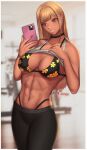  1girl abs absurdres bangs bikini blonde_hair blurry blurry_background breasts cleavage clothes_lift dark_skin earrings exercise_machine eyebrows_visible_through_hair floral_print fluffydus glint highres holding holding_phone jewelry kitagawa_marin long_hair medium_breasts muscular muscular_female pants phone red_eyes shirt_lift smile sono_bisque_doll_wa_koi_wo_suru sweat swimsuit 