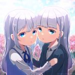  2girls :o aharen-san_wa_hakarenai aharen_reina blue_eyes blue_jacket blue_ribbon blue_vest cheek-to-cheek crossover eyebrows_visible_through_hair flower gochuumon_wa_usagi_desu_ka? heads_together heart jacket kafuu_chino light_blue_hair long_hair looking_at_viewer minase_inori multiple_girls poka_poka_neko rabbit_house_uniform ribbon school_uniform shirt upper_body vest voice_actor_connection waitress white_shirt 