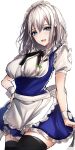  .me 1girl apron bad_id bad_twitter_id bangs black_legwear blue_dress blue_eyes blue_skirt blush bow braid breasts cowboy_shot dress eyebrows_visible_through_hair frilled_apron frills green_bow hair_between_eyes highres izayoi_sakuya large_breasts looking_at_viewer maid maid_apron maid_headdress neck_ribbon open_mouth petticoat puffy_short_sleeves puffy_sleeves ribbon shirt short_hair short_sleeves skirt solo standing thighhighs thighs touhou waist_apron white_apron white_background white_shirt wrist_cuffs zettai_ryouiki 