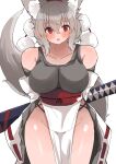  1girl absurdres animal_ear_fluff animal_ears arms_behind_back bare_shoulders blush breasts collarbone commentary_request cowboy_shot detached_sleeves eyebrows_visible_through_hair grey_hair grey_tail grey_tank_top hair_between_eyes hat highres huge_breasts inubashiri_momiji looking_at_viewer open_mouth pom_pom_(clothes) red_eyes red_headwear red_ribbon regua ribbon ribbon-trimmed_sleeves ribbon_trim simple_background solo tank_top tokin_hat touhou white_background wolf_ears 