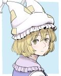  1girl bangs blonde_hair blue_background blush eyebrows_visible_through_hair face hair_between_eyes hat light_blush light_smile looking_at_viewer pillow_hat poronegi portrait short_hair solo touhou yakumo_ran yellow_eyes 