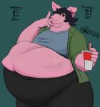  ambiguous_gender anthro beverage clothing domestic_pig finger_licking furiquarter hair hi_res leggings legwear mammal messy_hair overweight sketch soda solo suid suina sus_(pig) tight_clothing vore 
