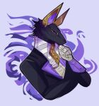  admiralshiba anthro anubian_jackal black_body black_fur black_sclera canid canine canis collar dislyte drew_(dislyte) fur gold_(metal) gold_collar gold_ears jackal male mammal mummy_wrappings purple_eyes solo 