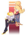  1girl blonde_hair buttons cynthia_(pokemon) grey_eyes grey_jacket hair_ornament hair_over_one_eye jacket jangmo-o jewelry long_sleeves looking_at_viewer official_alternate_costume on_lap pants pokemon pokemon_(creature) pokemon_(game) pokemon_masters_ex shiny shoes sitting smile vergolophus 