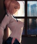  1girl ahoge artoria_pendragon_(fate) aztodio blonde_hair blue_ribbon blush braid breasts duplicate fate/stay_night fate_(series) french_braid from_side green_eyes hair_ribbon long_sleeves medium_breasts midriff_peek no_bra no_panties patreon_username pixel-perfect_duplicate profile rain revision ribbon saber see-through shirt short_hair skirt solo unbuttoned_skirt wet wet_clothes white_shirt window 