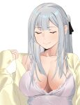  1girl absurdres ak-12_(girls&#039;_frontline) bangs black_ribbon braid breasts closed_eyes closed_mouth collarbone eyebrows_visible_through_hair girls&#039;_frontline grey_hair hair_ribbon highres long_hair medium_breasts nightgown open_clothes open_robe ribbon robe side_braid smile solo talnory upper_body white_background white_nightgown yellow_robe 
