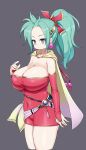  1girl blue_eyes breasts bridal_gauntlets cape cleavage closed_mouth covered_navel dress earrings final_fantasy final_fantasy_vi green_hair groin highres huge_breasts jewelry long_hair looking_at_viewer plump ponytail sawati simple_background skin_tight skirt solo tina_branford 