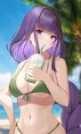  1girl bakemonsou bangs bare_arms bare_shoulders bikini blue_sky blurry blurry_background blush commentary_request cup day disposable_cup drinking drinking_straw front-tie_bikini front-tie_top genshin_impact green_bikini highres holding holding_cup long_braid long_hair looking_at_viewer navel partial_commentary purple_eyes purple_hair raiden_shogun sky solo stomach swimsuit upper_body very_long_hair 