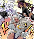  3girls alternate_costume animal_ears black_sclera bleach boku_no_hero_academia breasts carrot_(one_piece) colored_sclera dark_skin elbow_gloves fusion fusion_dance gloves highres large_breasts leotard lewdamone long_hair looking_at_viewer mirko multiple_girls one_piece pointing pointing_at_viewer ponytail purple_hair rabbit_ears rabbit_tail red_eyes shihouin_yoruichi shirt sleeveless sleeveless_shirt tail thighhighs white_fur white_gloves white_hair yellow_eyes zettai_ryouiki 