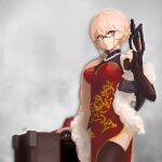  1girl alternate_costume artist_name bangs black_legwear blonde_hair braid breasts china_dress chinese_clothes closed_mouth dress english_commentary eyebrows_visible_through_hair feather_boa feet_out_of_frame girls&#039;_frontline glasses gun hair_ornament highres holding holding_gun holding_weapon jewelry long_hair looking_at_viewer medium_breasts necklace ots-14 ots-14_(girls&#039;_frontline) red_dress simple_background sna_cloud solo standing thighhighs very_long_hair weapon yellow_eyes 