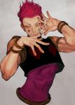  1boy abs armband arms_up artist_name bare_shoulders blood facial_mark fingernails hair_slicked_back highres hisoka_morow hunter_x_hunter looking_to_the_side male_focus morry red_hair solo star_(symbol) symbol-only_commentary upper_body vest wristband yellow_eyes 