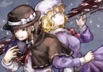  2girls back-to-back bangs belt black_capelet black_headwear blonde_hair book bow bowtie brown_eyes brown_hair capelet collared_dress commentary_request crescent dress fang fedora frilled_shirt_collar frills gap_(touhou) hand_up hat hat_bow heterochromia highres holding holding_book j-dragon locked_arms long_sleeves looking_at_viewer maribel_hearn mob_cap multiple_girls neck_ribbon open_book purple_dress purple_eyes red_bow red_eyes red_ribbon ribbon ribbon-trimmed_capelet shirt short_hair signature smile solar_system star_(sky) star_(symbol) touhou upper_body usami_renko wavy_hair white_bow white_headwear white_shirt yellow_eyes 