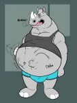  anthro belly big_belly buhk bulge burping clothing hi_res male mammal muscular muscular_male rhinocerotoid rumbling_stomach same_size_vore shirt tank_top topwear underwear vore 