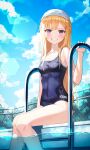  1girl :d absurdres bangs blonde_hair blue_sky blue_swimsuit blurry braid bush chain-link_fence cloud cloudy_sky commentary_request depth_of_field eyebrows_visible_through_hair eyes_visible_through_hair fence grin hair_between_eyes hair_ornament hairclip highleg highleg_swimsuit highres in_water knees_together_feet_apart long_hair name_tag one-piece_swimsuit original pool poolside purple_eyes school_swimsuit sidelocks single_braid sky smile solo swim_cap swimsuit thighs translation_request yeolyeo 