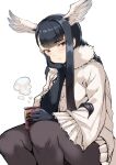  1girl bangs bird_girl bird_tail bird_wings black-headed_ibis_(kemono_friends) black_gloves black_hair black_legwear blush braid can commentary_request elbow_gloves eyebrows_visible_through_hair frilled_sleeves frills fur_collar gloves hatch_box head_wings kemono_friends long_hair long_sleeves pantyhose sidelocks sitting solo sweater tail twin_braids white_fur white_sweater wings yellow_eyes 