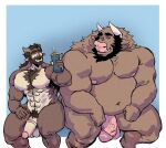  anthro balls beard belly beverage big_belly bodily_fluids body_hair bovid bovine brown_body brown_fur cattle chest_hair duo erection facial_hair fur genital_fluids genitals hair hi_res horn hybrid juicestandmango male male/male mammal moobs muscular muscular_anthro muscular_male nipples nude open_mouth overweight overweight_male pecs penis pubes simple_background sitting size_difference smile thick_thighs 