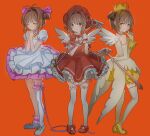  3girls blush bow brown_hair cardcaptor_sakura catzz child closed_eyes closed_mouth gloves green_eyes highres kinomoto_sakura magical_girl multiple_girls orange_background red_bow red_footwear smile variations wings 